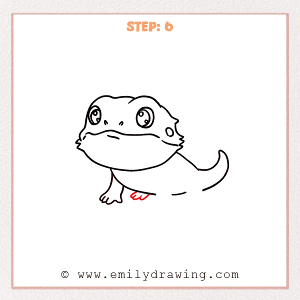 how to draw a bearded dragon - Step 6: A back leg on the same side is added with a rounded foot and simple toes.
